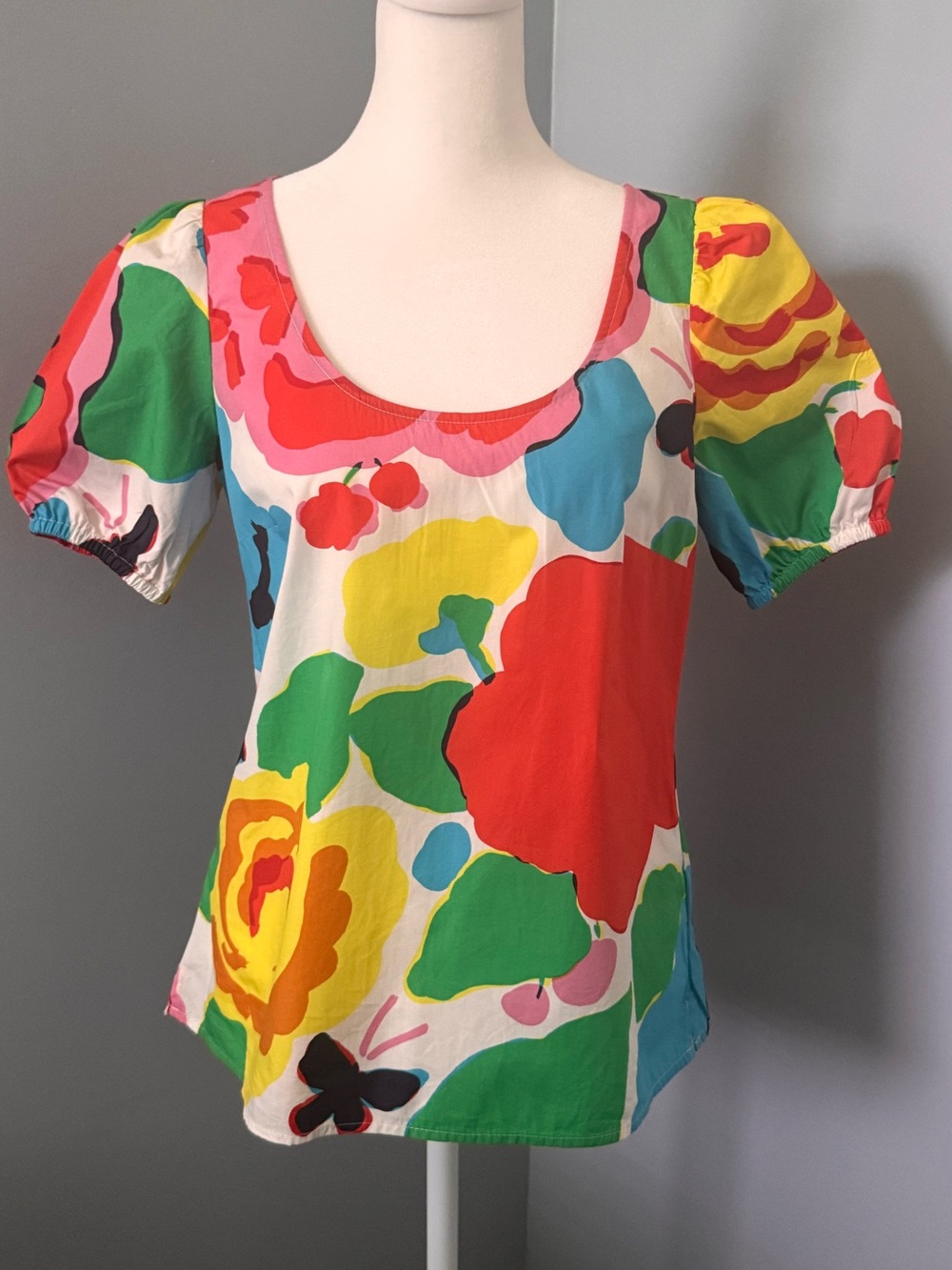 J Crew Colorful Floral Scoop Neck Puff Sleeve Top - Size 2
